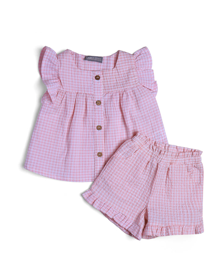 2PCS woven set textured pink gingham