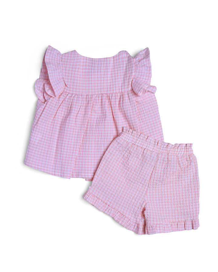 2PCS woven set textured pink gingham